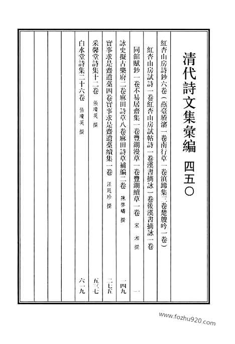 《清代诗文集汇编》450_红杏山房诗钞_红杏山房试诗_红杏山房试贴诗_汉书摘咏_后汉书摘咏_同馆赋钞_不易居斋集_丰湖漫草_丰湖续草_咏史拟古乐府_麻田诗草_麻田诗草补编_实事求是斋遗稿_实事求是斋遗稿续集_采声堂诗集_白水堂诗集_清代诗文集汇编